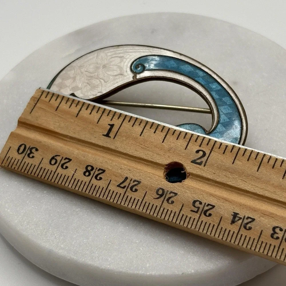 Vintage Guilloche Enamel Sash Pin Brooch Blue White Art Nouveau Unsigned